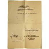 Toisen maailmansodan aikainen kopio todistuksesta, joka osoittaa, että Feldwebelistä on siirrytty luutnantiksi.